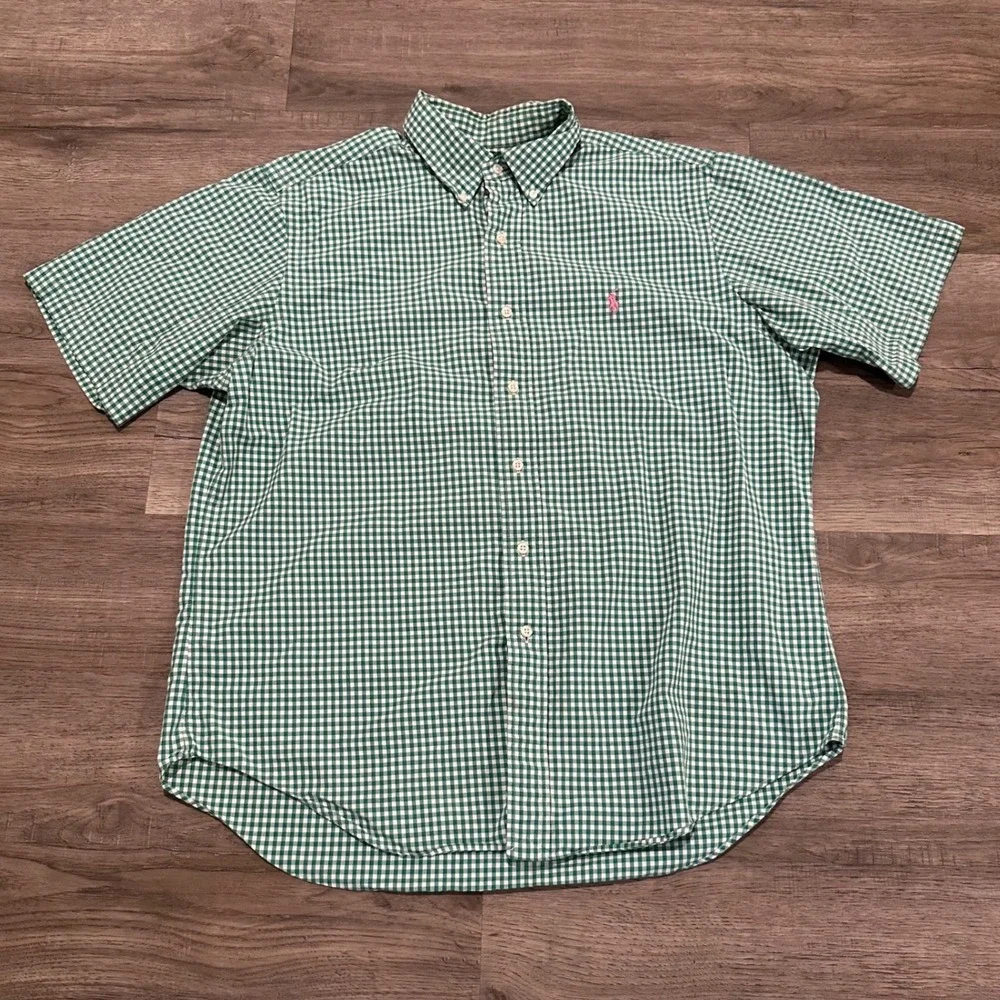 Polo Ralph Lauren Men L Green Gingham Short Sleeve Button Down Shirt Classic Fit
